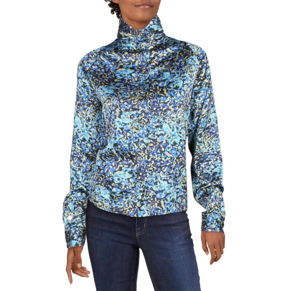 MARCIANO Womens Blue Printed Cuffed Sleeve Turtle Neck Button Up Top 38